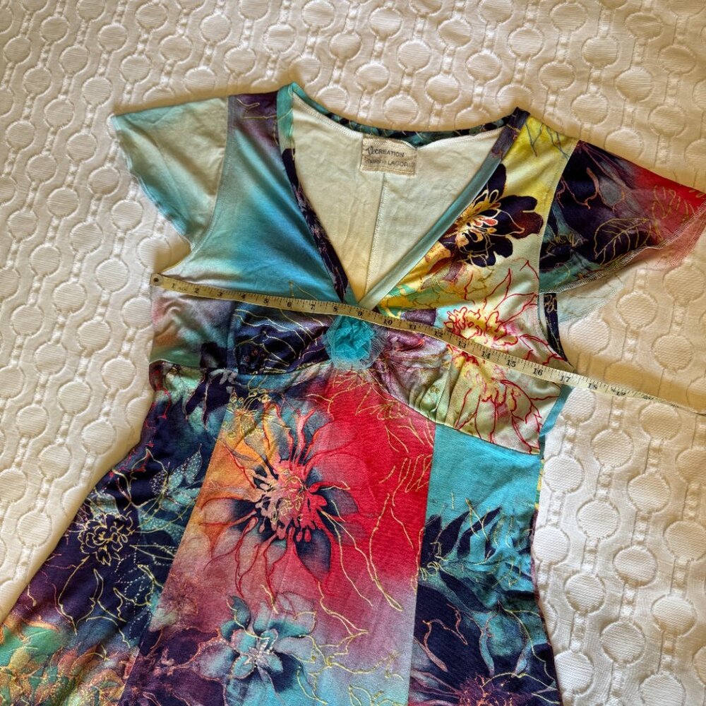 Vintage French Floral Dress, Knee Length, Multi-Color, Size Medium